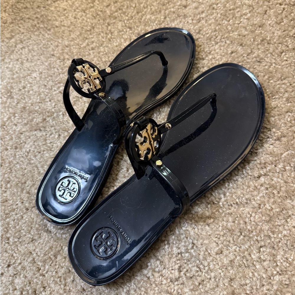 Tory Burch Black Patent Sandals with Gold Accents Sz 8